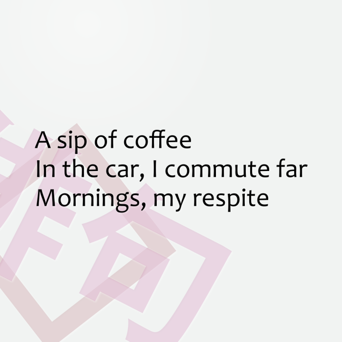 A sip of coffee In the car, I commute far Mornings, my respite