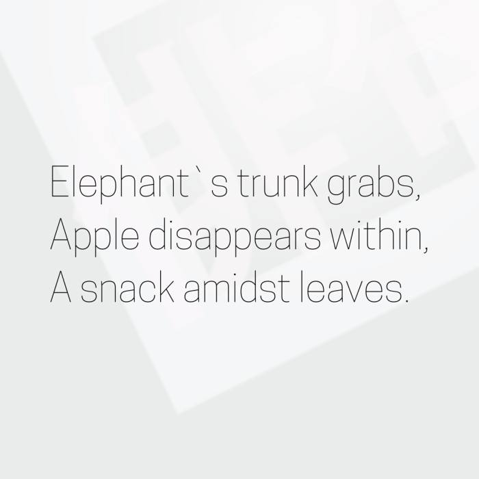 Elephant`s trunk grabs, Apple disappears within, A snack amidst leaves.