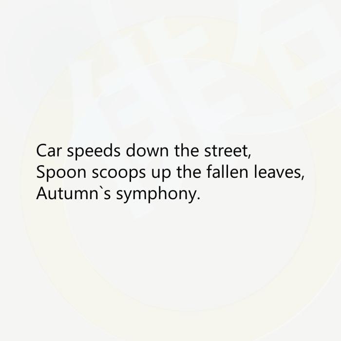 Car speeds down the street, Spoon scoops up the fallen leaves, Autumn`s symphony.