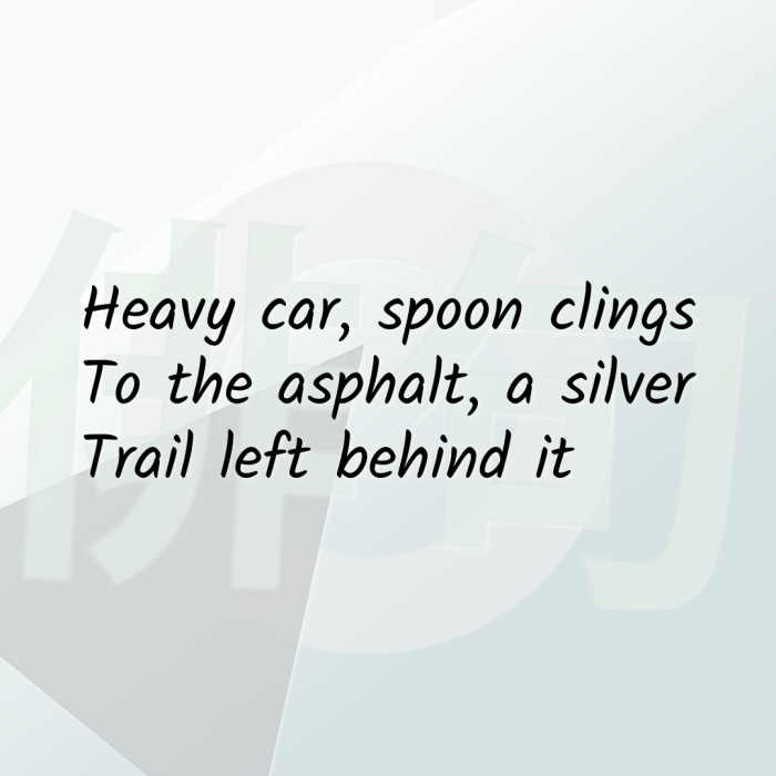 Heavy car, spoon clings To the asphalt, a silver Trail left behind it