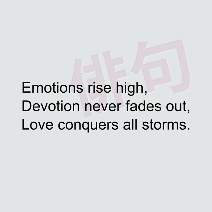 Emotions rise high, Devotion never fades out, Love conquers all storms.