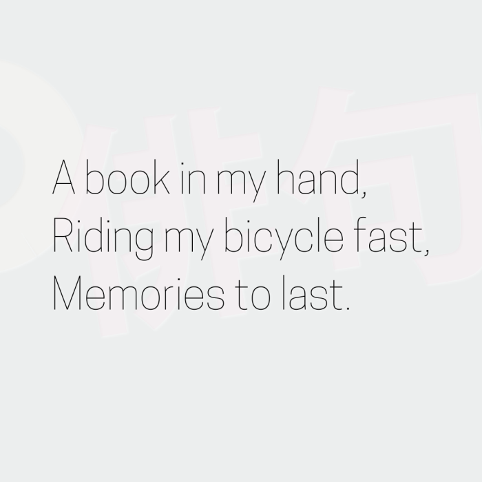 A book in my hand, Riding my bicycle fast, Memories to last.