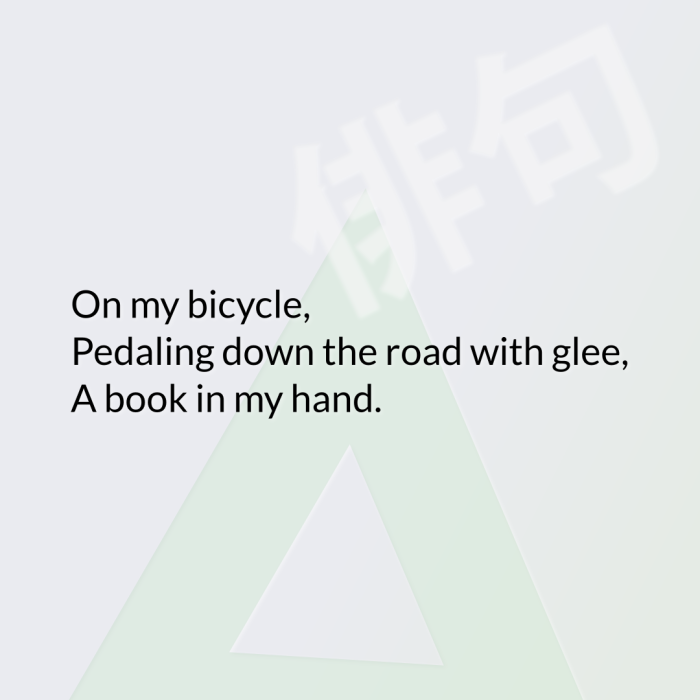 On my bicycle, Pedaling down the road with glee, A book in my hand.
