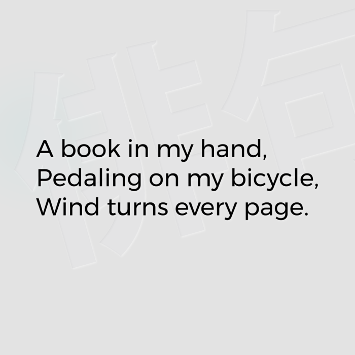 A book in my hand, Pedaling on my bicycle, Wind turns every page.