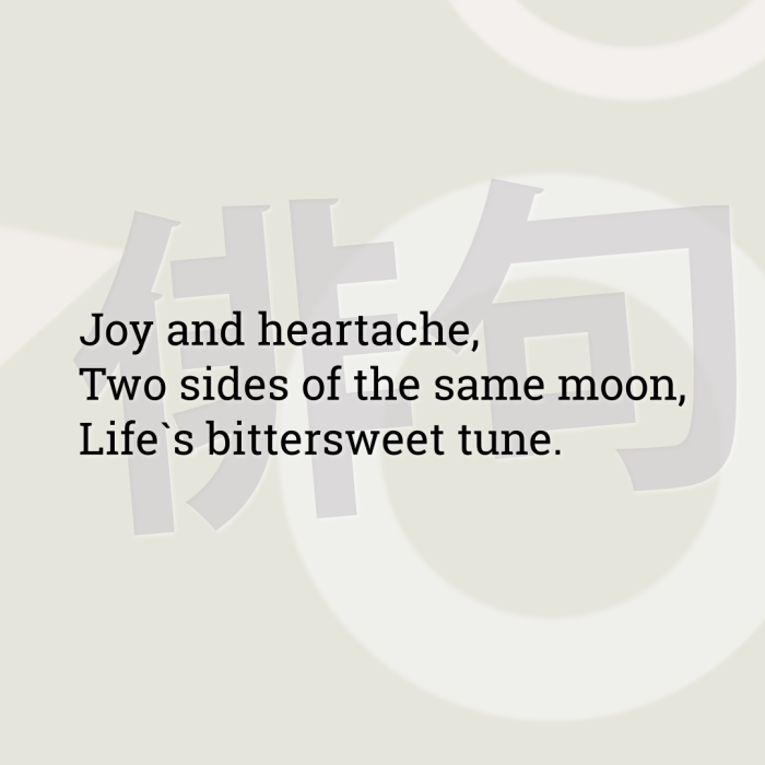 Joy and heartache, Two sides of the same moon, Life`s bittersweet tune.