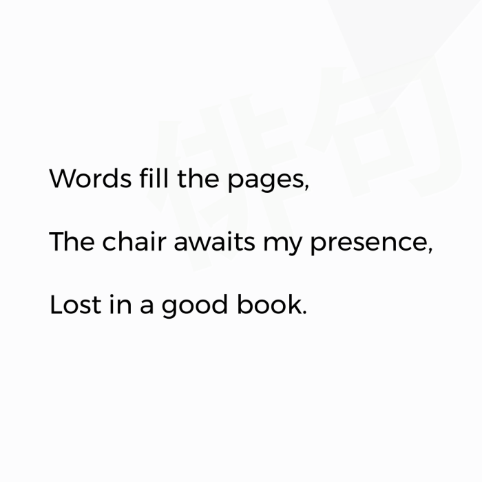 Words fill the pages, The chair awaits my presence, Lost in a good book.