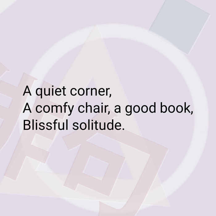 A quiet corner, A comfy chair, a good book, Blissful solitude.