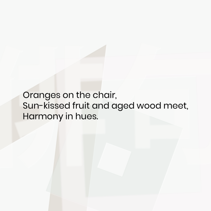 Oranges on the chair, Sun-kissed fruit and aged wood meet, Harmony in hues.