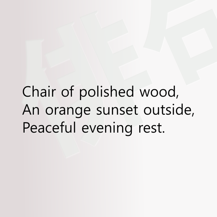 Chair of polished wood, An orange sunset outside, Peaceful evening rest.