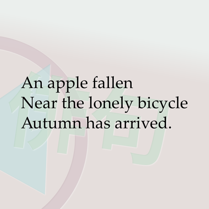 An apple fallen Near the lonely bicycle Autumn has arrived.