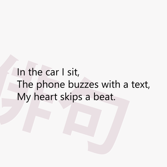 In the car I sit, The phone buzzes with a text, My heart skips a beat.
