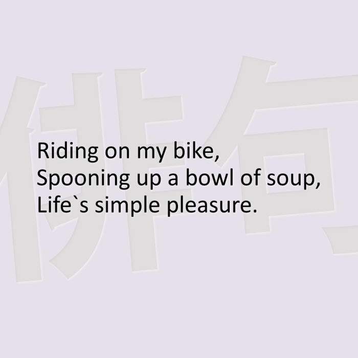 Riding on my bike, Spooning up a bowl of soup, Life`s simple pleasure.