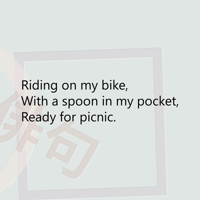 Riding on my bike, With a spoon in my pocket, Ready for picnic.