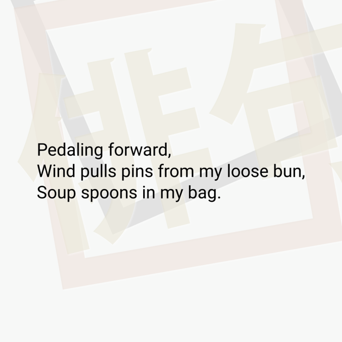 Pedaling forward, Wind pulls pins from my loose bun, Soup spoons in my bag.