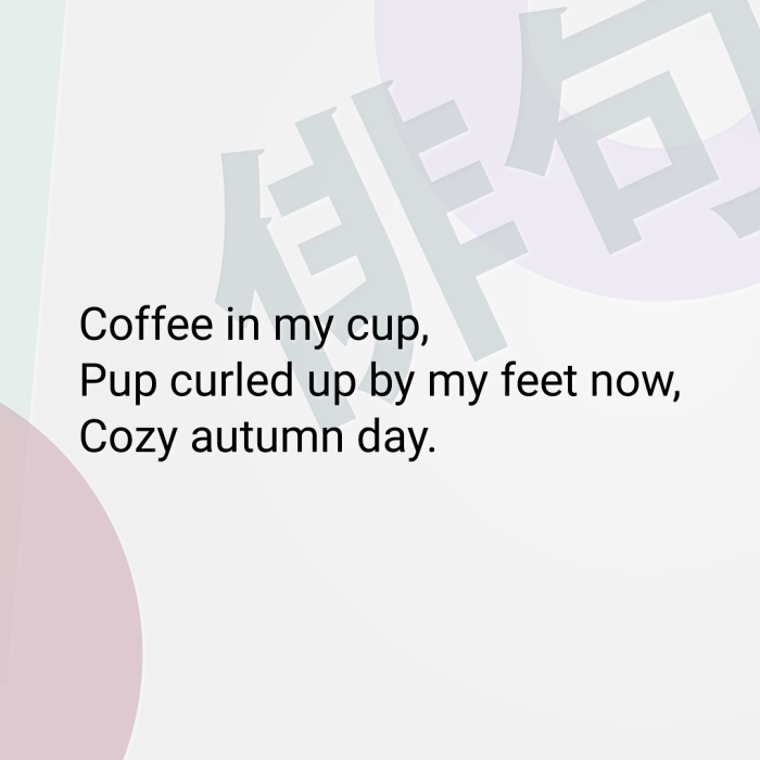 Coffee in my cup, Pup curled up by my feet now, Cozy autumn day.