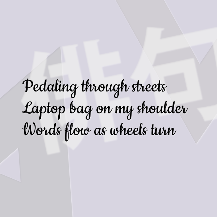 Pedaling through streets Laptop bag on my shoulder Words flow as wheels turn