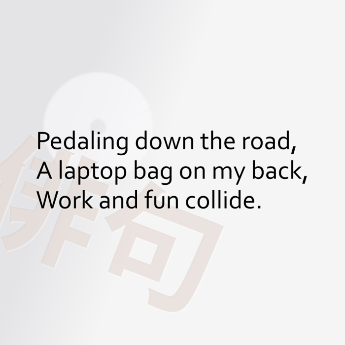 Pedaling down the road, A laptop bag on my back, Work and fun collide.