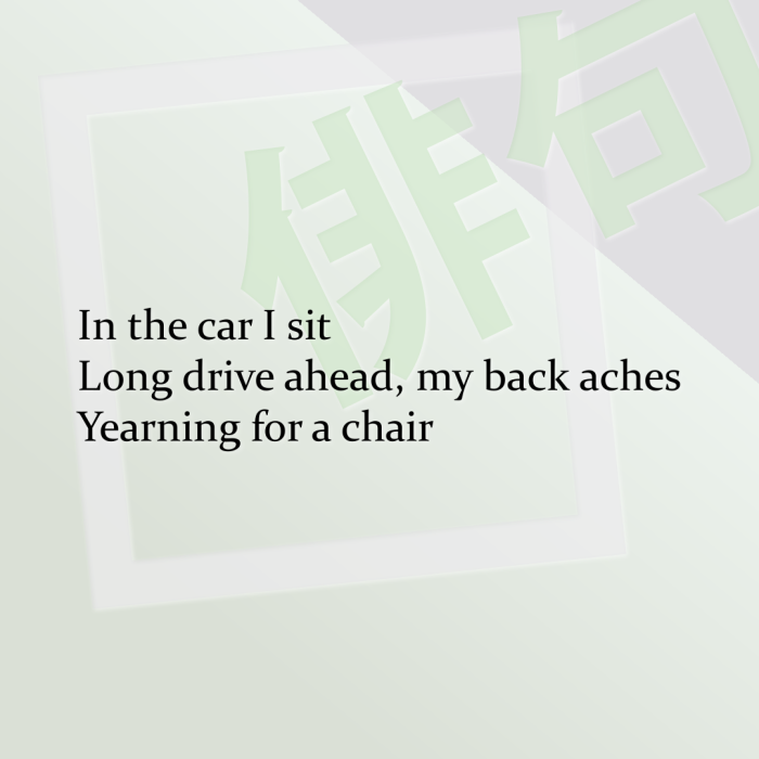In the car I sit Long drive ahead, my back aches Yearning for a chair