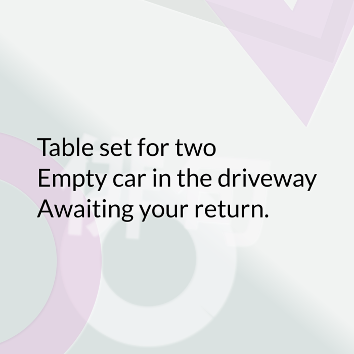 Table set for two Empty car in the driveway Awaiting your return.
