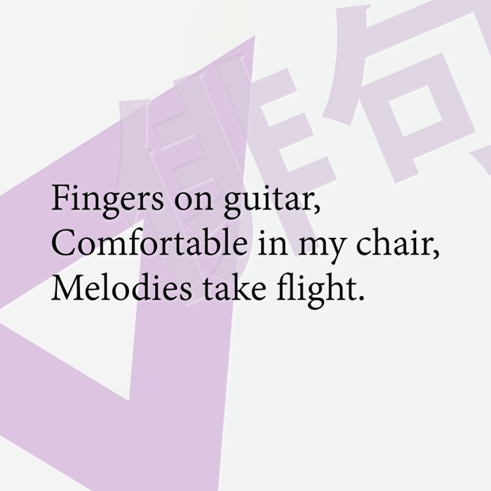 Fingers on guitar, Comfortable in my chair, Melodies take flight.