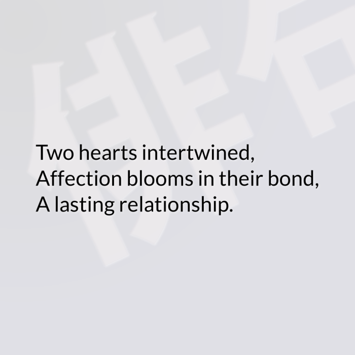Two hearts intertwined, Affection blooms in their bond, A lasting relationship.
