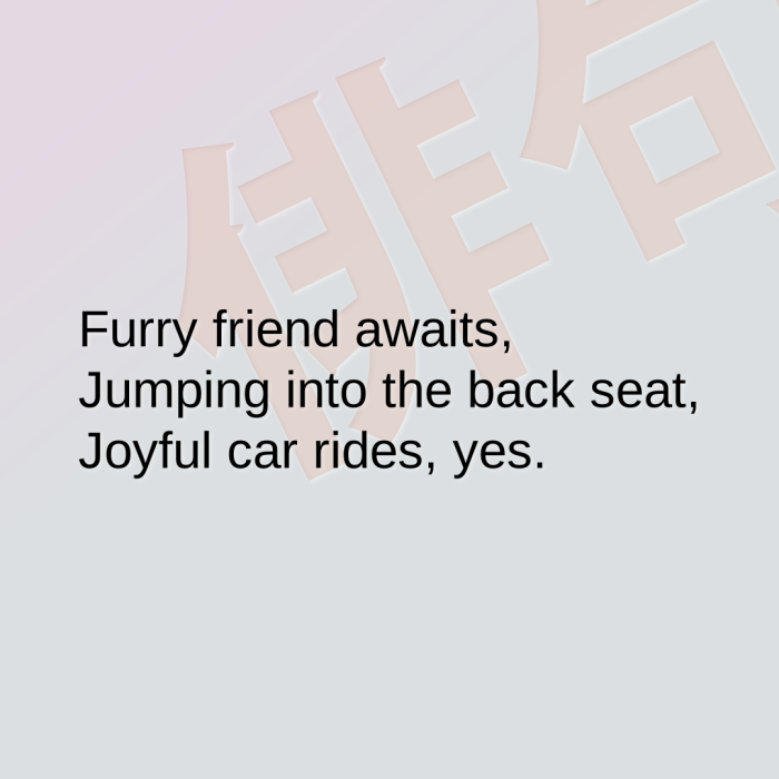 Furry friend awaits, Jumping into the back seat, Joyful car rides, yes.
