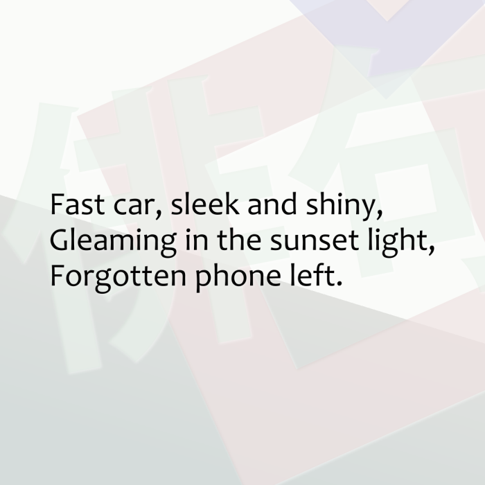 Fast car, sleek and shiny, Gleaming in the sunset light, Forgotten phone left.