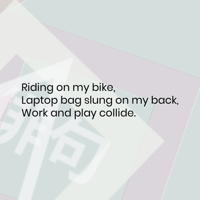 Riding on my bike, Laptop bag slung on my back, Work and play collide.