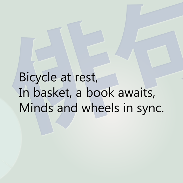 Bicycle at rest, In basket, a book awaits, Minds and wheels in sync.