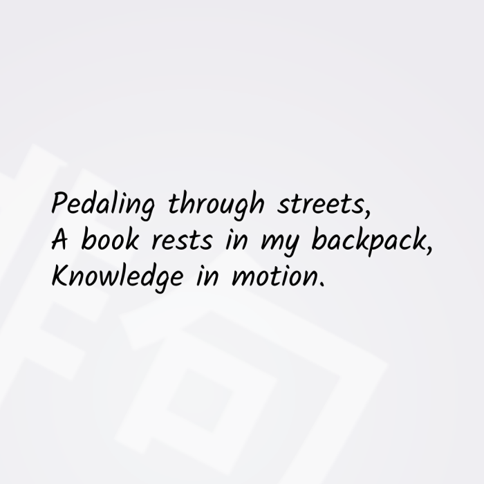 Pedaling through streets, A book rests in my backpack, Knowledge in motion.
