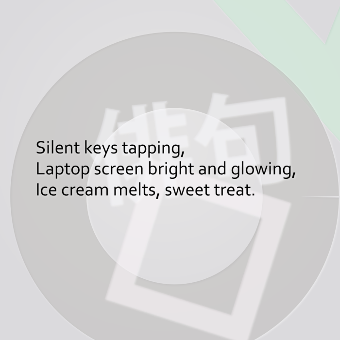 Silent keys tapping, Laptop screen bright and glowing, Ice cream melts, sweet treat.