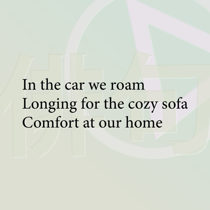 In the car we roam Longing for the cozy sofa Comfort at our home