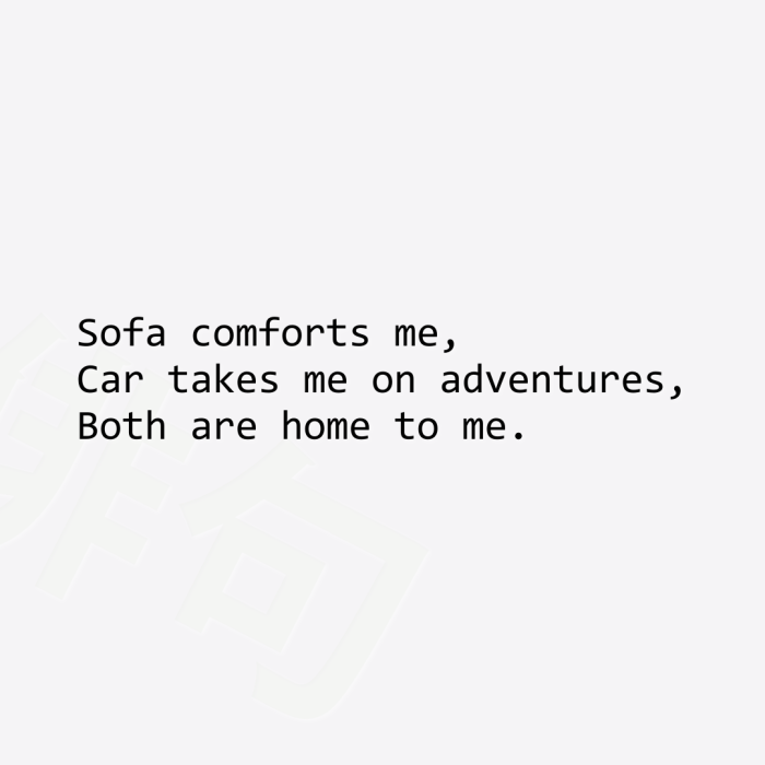 Sofa comforts me, Car takes me on adventures, Both are home to me.