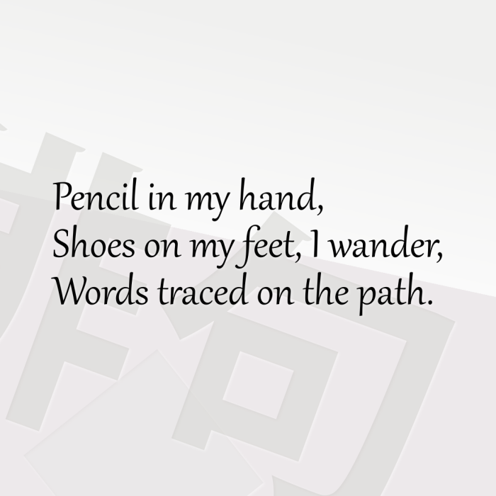 Pencil in my hand, Shoes on my feet, I wander, Words traced on the path.