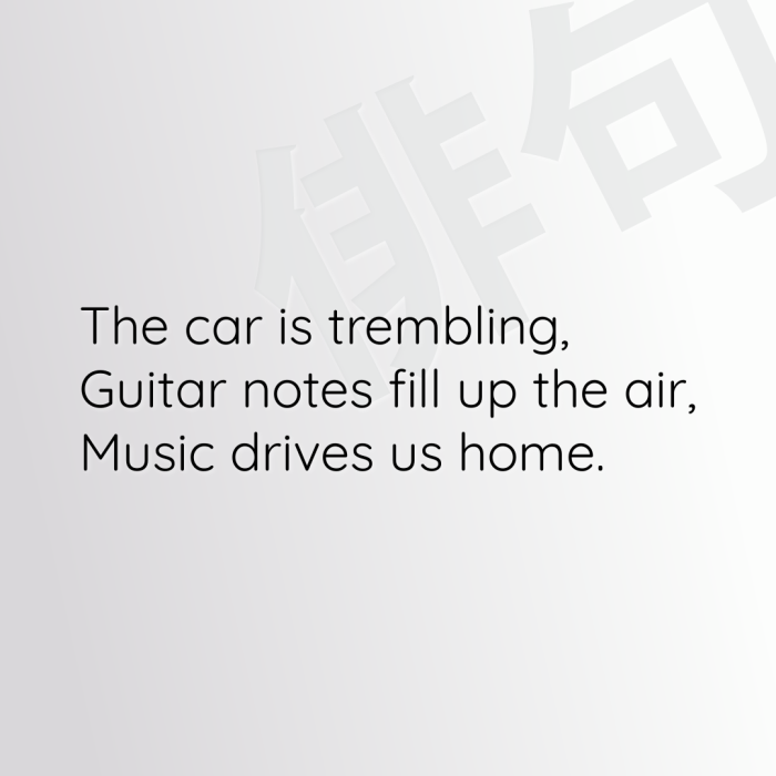 The car is trembling, Guitar notes fill up the air, Music drives us home.