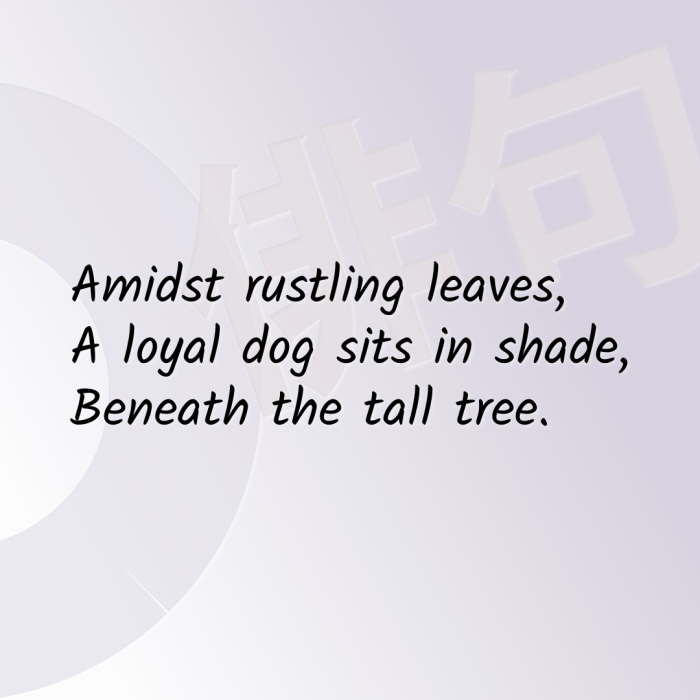 Amidst rustling leaves, A loyal dog sits in shade, Beneath the tall tree.