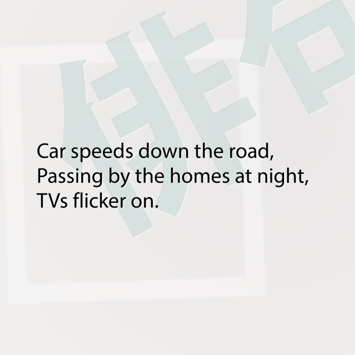 Car speeds down the road, Passing by the homes at night, TVs flicker on.