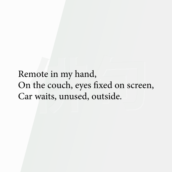 Remote in my hand, On the couch, eyes fixed on screen, Car waits, unused, outside.