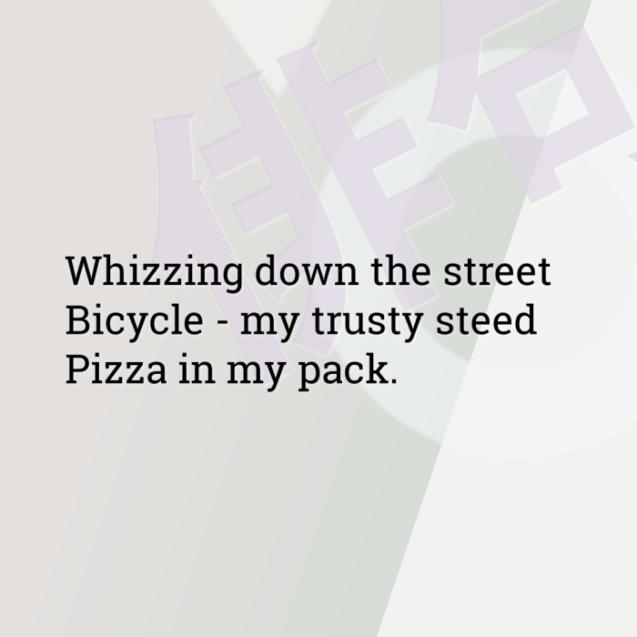 Whizzing down the street Bicycle - my trusty steed Pizza in my pack.