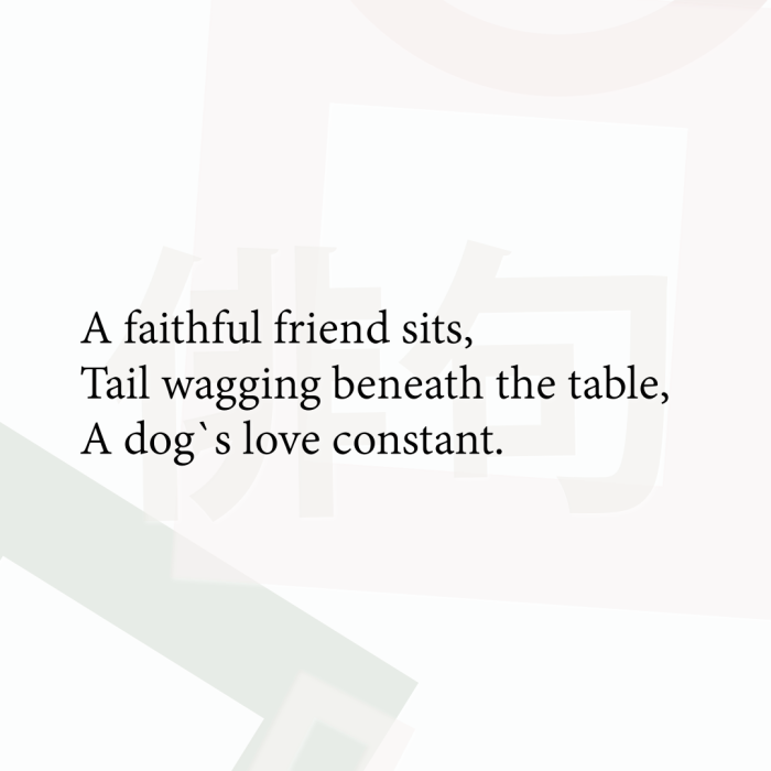 A faithful friend sits, Tail wagging beneath the table, A dog`s love constant.