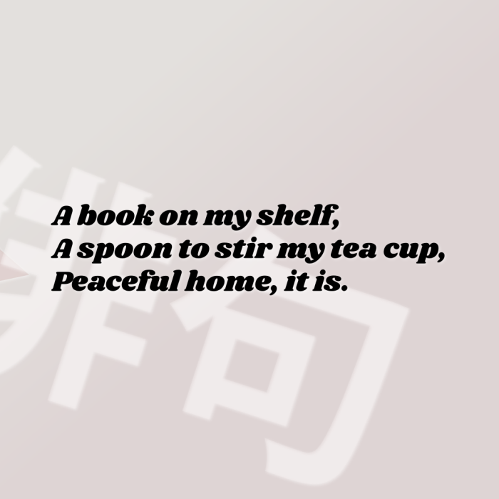 A book on my shelf, A spoon to stir my tea cup, Peaceful home, it is.