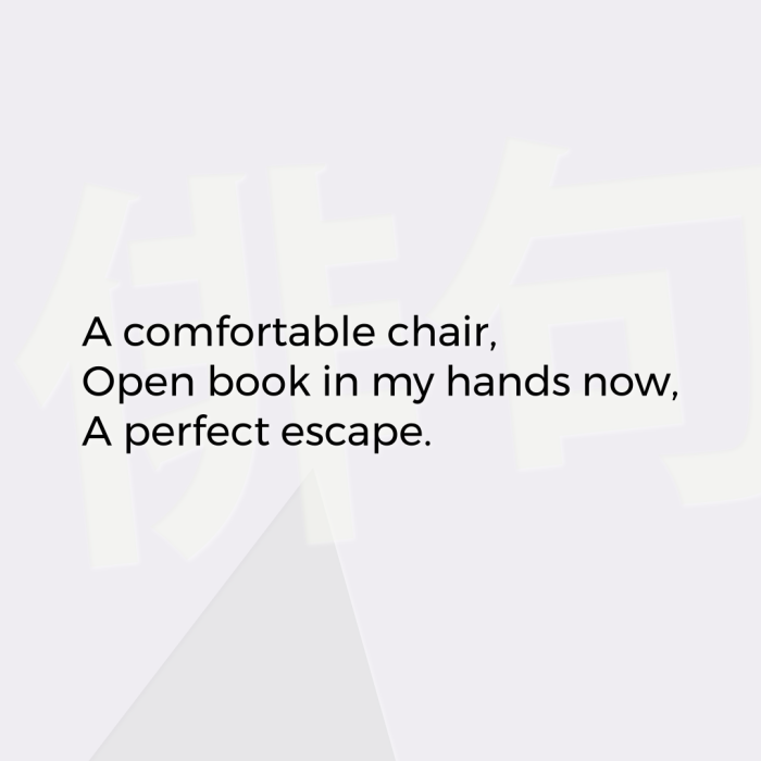 A comfortable chair, Open book in my hands now, A perfect escape.