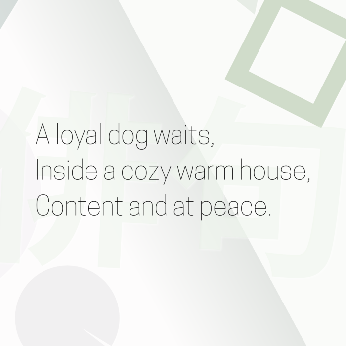 A loyal dog waits, Inside a cozy warm house, Content and at peace.