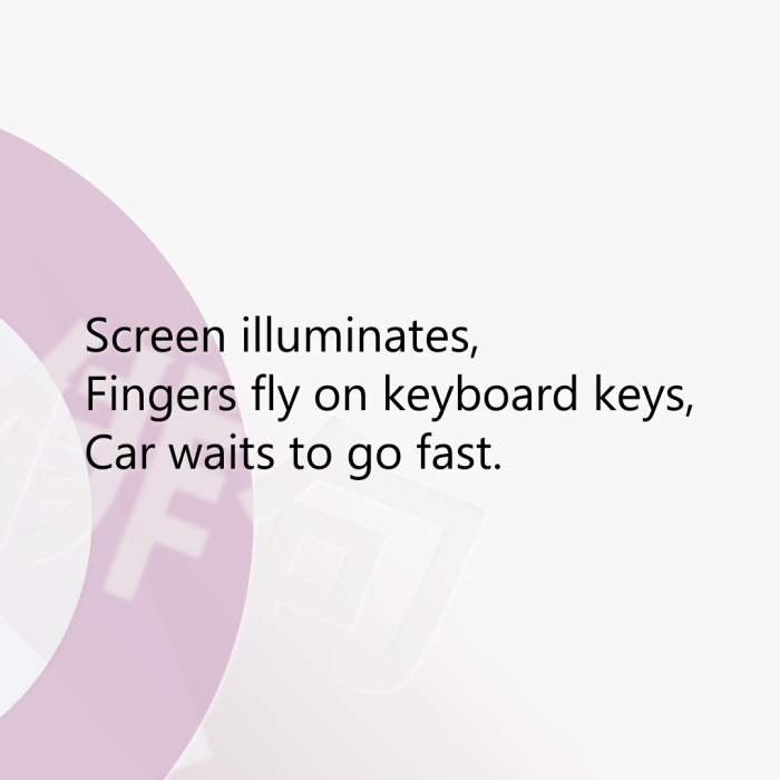 Screen illuminates, Fingers fly on keyboard keys, Car waits to go fast.