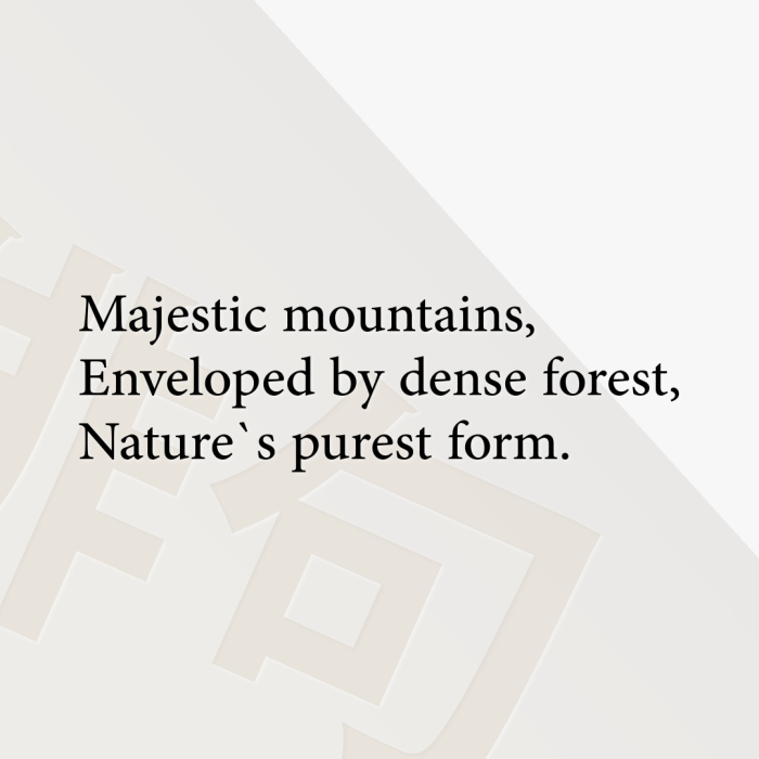 Majestic mountains, Enveloped by dense forest, Nature`s purest form.