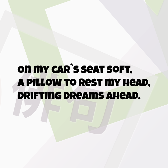 On my car`s seat soft, A pillow to rest my head, Drifting dreams ahead.