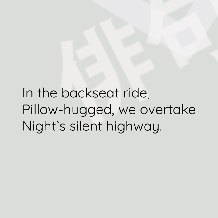 In the backseat ride, Pillow-hugged, we overtake Night`s silent highway.