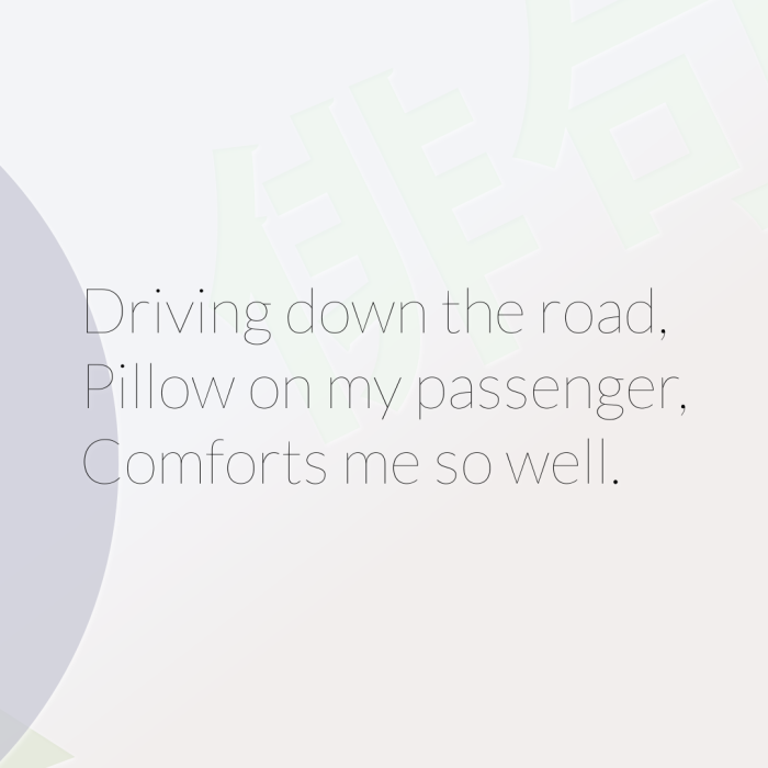 Driving down the road, Pillow on my passenger, Comforts me so well.