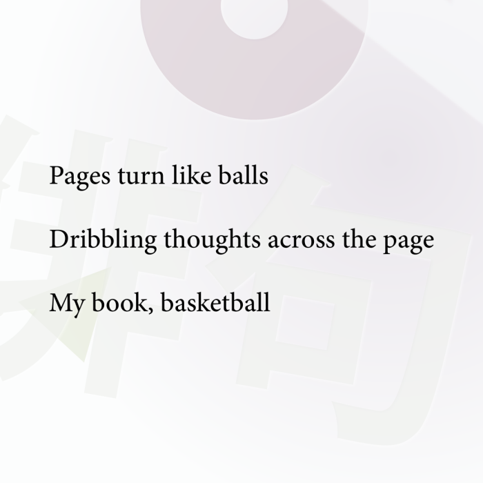 Pages turn like balls Dribbling thoughts across the page My book, basketball