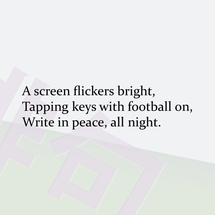 A screen flickers bright, Tapping keys with football on, Write in peace, all night.
